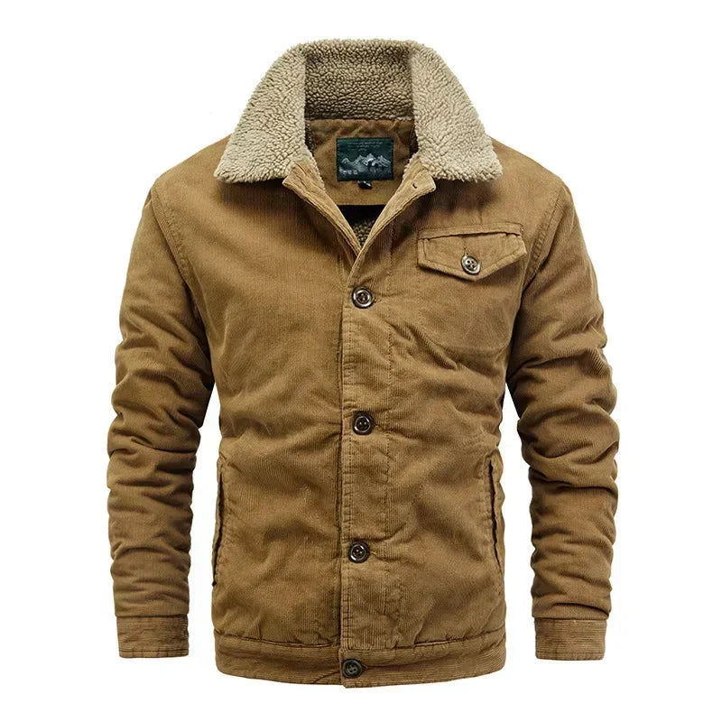 Men's relaxed fit corduroy jacket with cozy sherpa collar for casual warmth