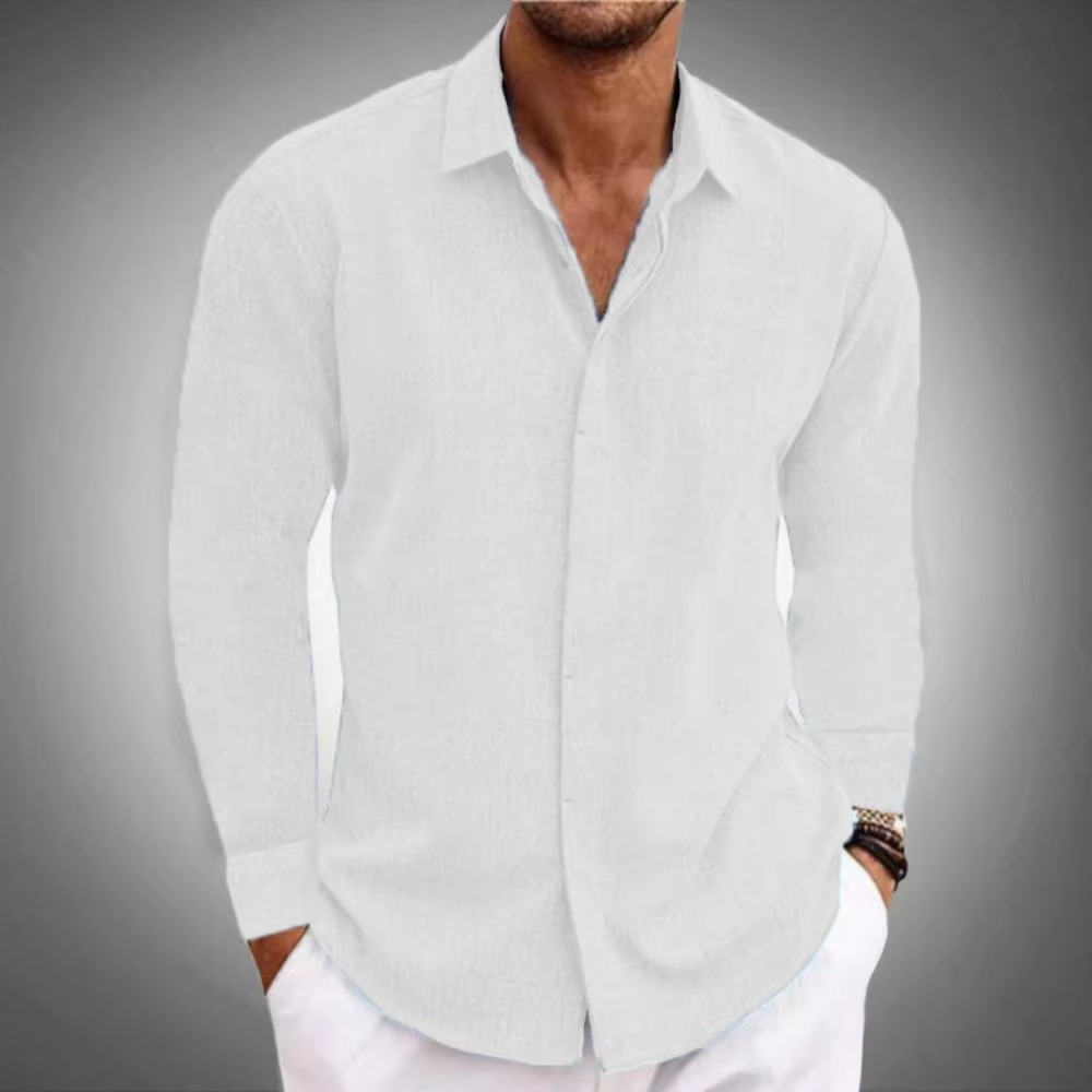 Men's linen long sleeve button-down shirt with lapel collar, breathable casual solid color fit