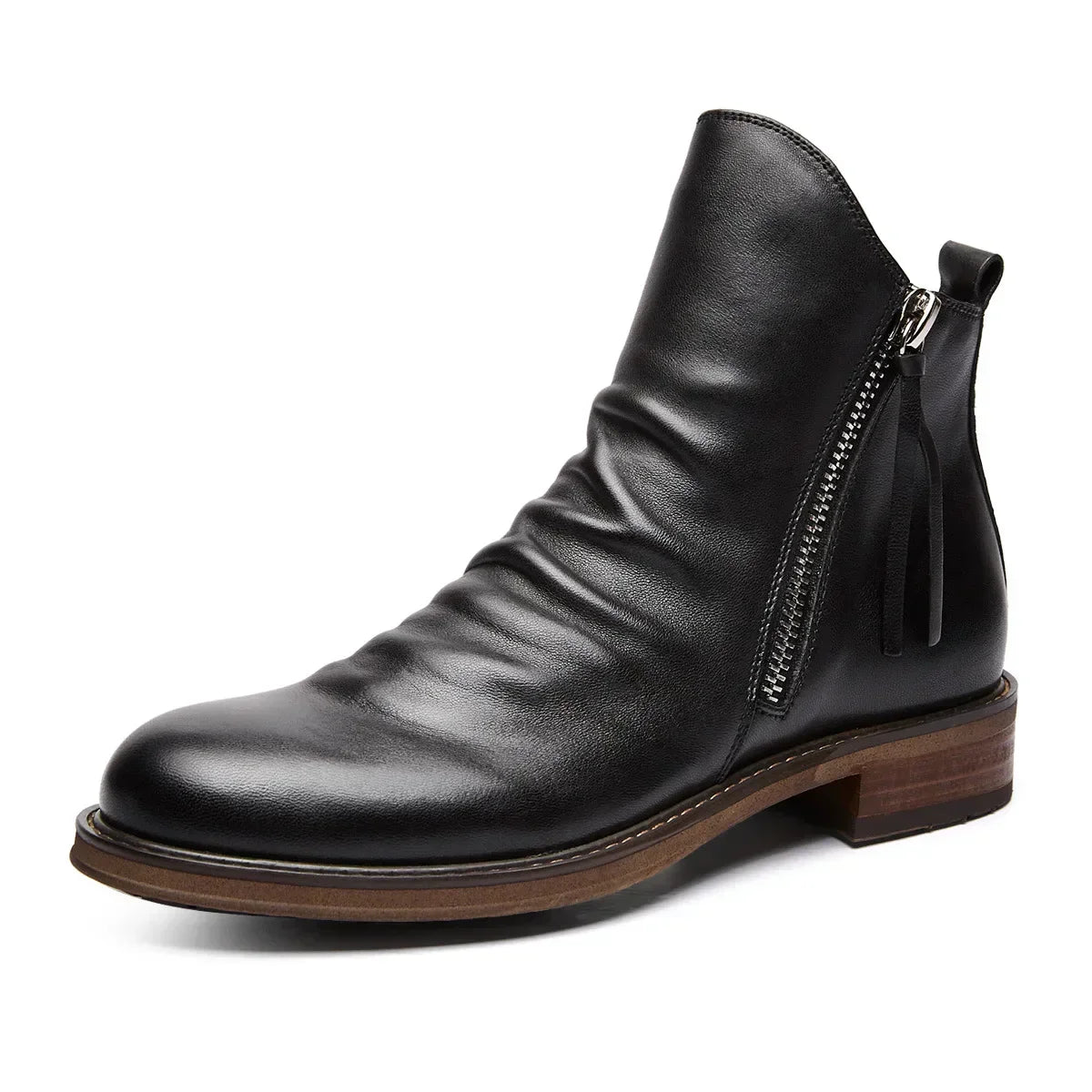 Men's black faux leather ankle boots ruched burnished toe side zip urban style
