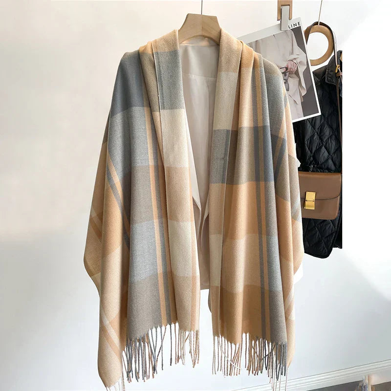Women's full-length fringed check scarf in classic pattern with elegant tassel edges for cozy fall style