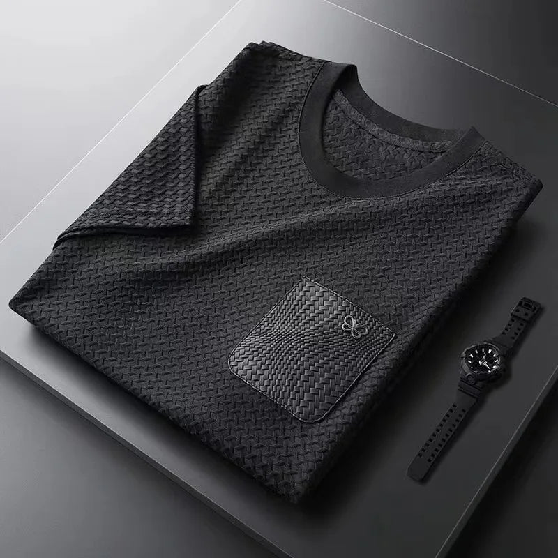 Men's waffle knit jacquard shirt athleisure snug fit breathable stretch casual top