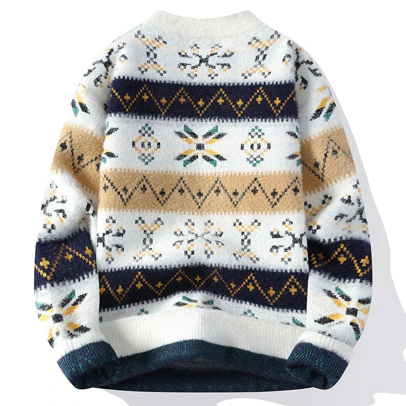 Men's vintage-inspired patterned knit sweater with retro geometric motifs in rich contrasting tones