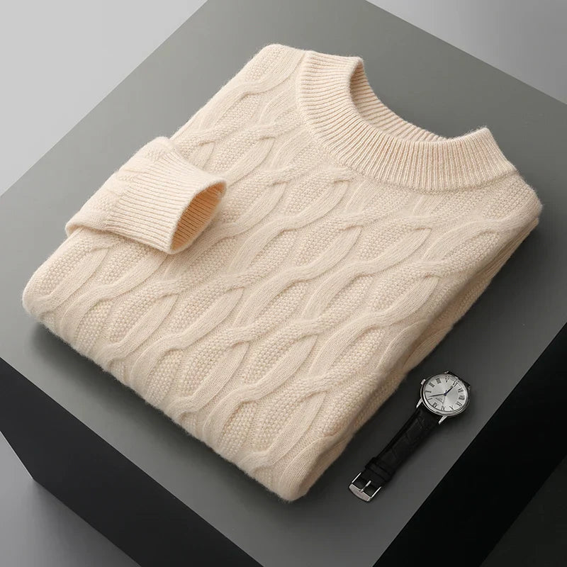 Men's beige cable knit mock neck sweater regular fit with textured pattern, cozy winter essential