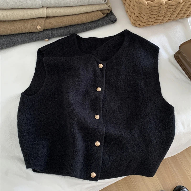 Women's cozy plush yarn knit sleeveless vest with button front closure in hearthside style