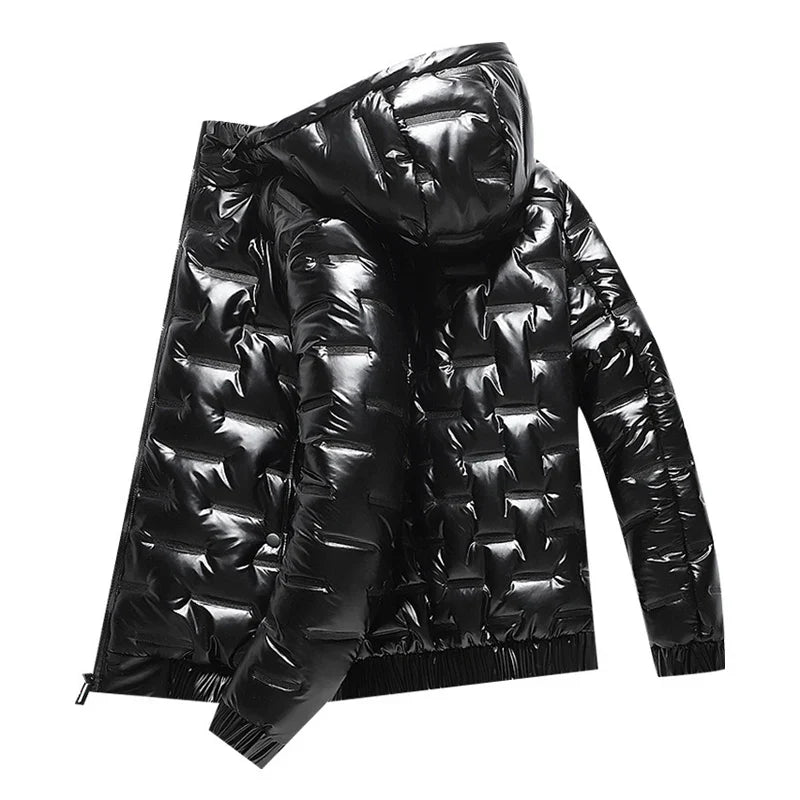 Men's quilted ski puffer jacket with hood, modern urban fit for cold weather outdoor wear