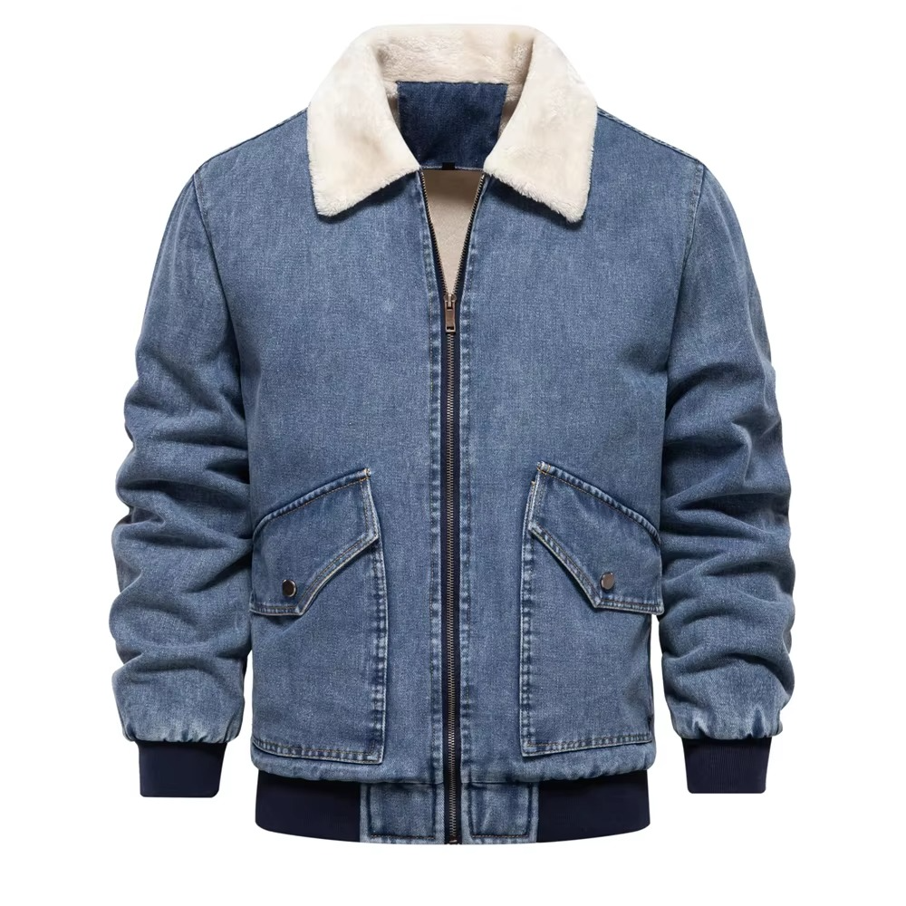 Men's fleece-lined denim jacket with faux fur collar, rugged winter style in classic blue
