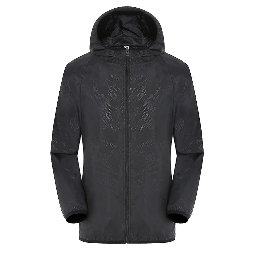 Men's waterproof hooded trench coat in neutral tone, slim urban cut with storm-ready design