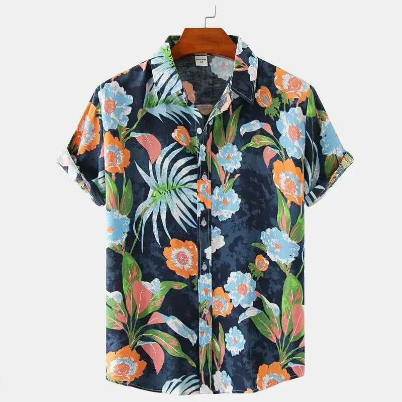 Women's white floral button-up shirt with bold vintage sakura print, relaxed summer fit