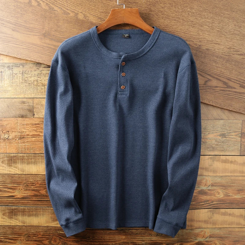 Men's ribbed relaxed fit Henley shirt in neutral tone with classic button placket neckline
