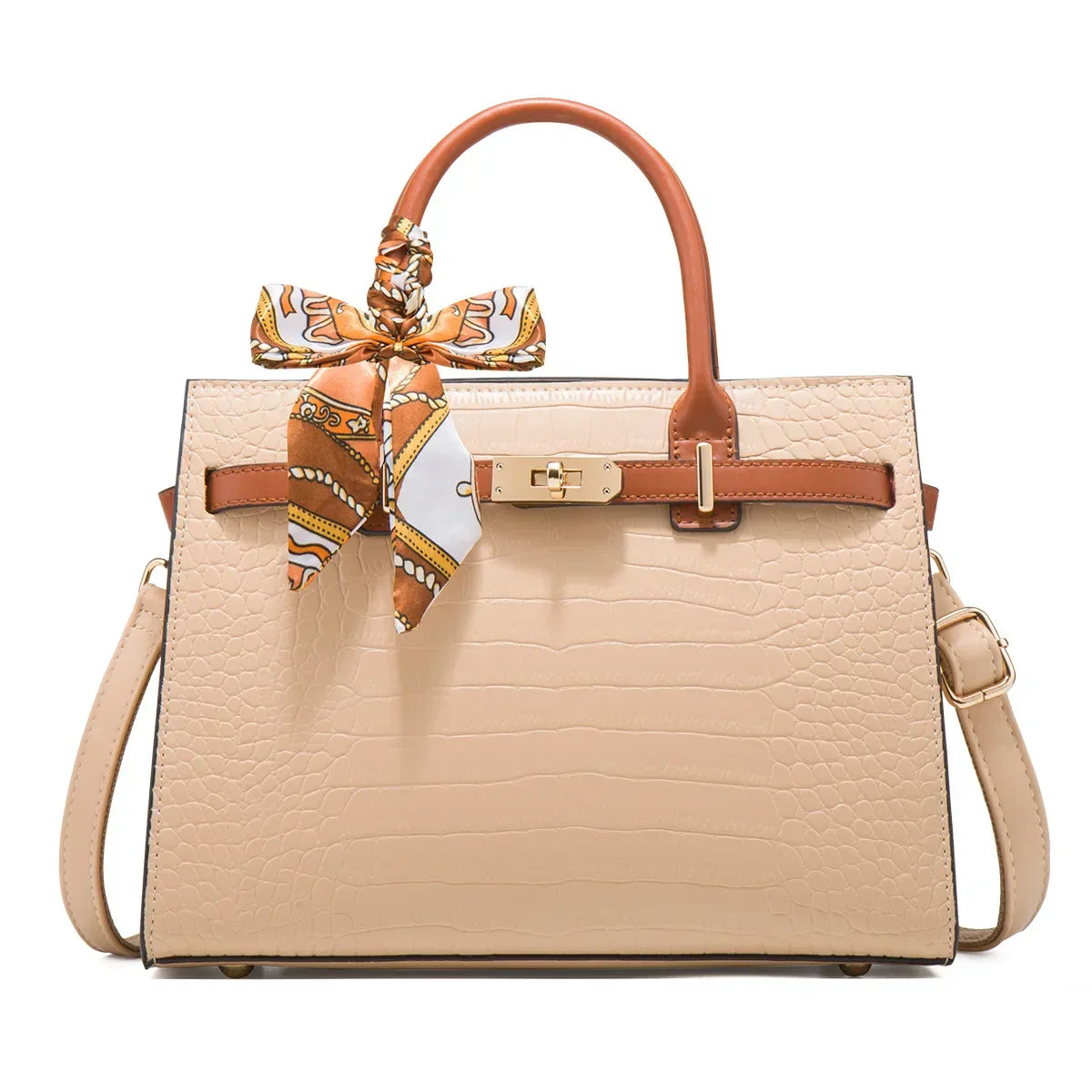 Midi structured vegan leather croc-embossed handbag in neutral tone with silk scarf accent and gold buckle