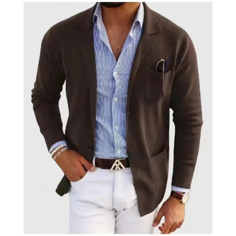 Men's gray knitted cardigan coat turn-down collar multi-pocket relaxed minimalist fit