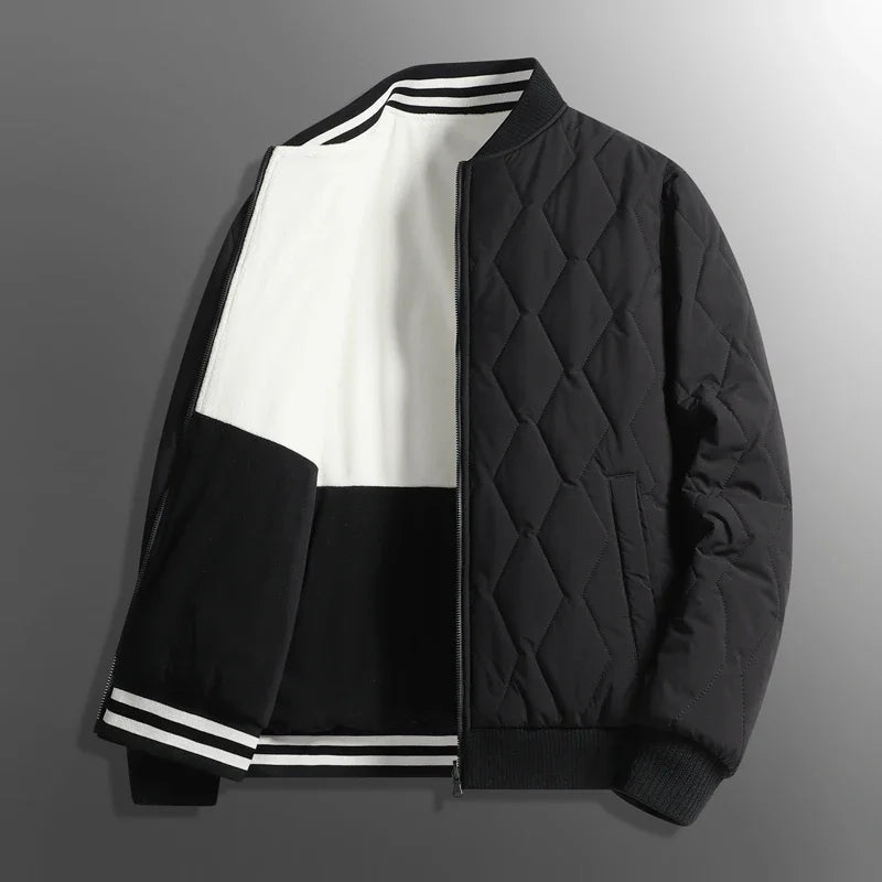 Unisex quilted bomber jacket reversible two-tone lining hip-length relaxed fit casual fleece outerwear