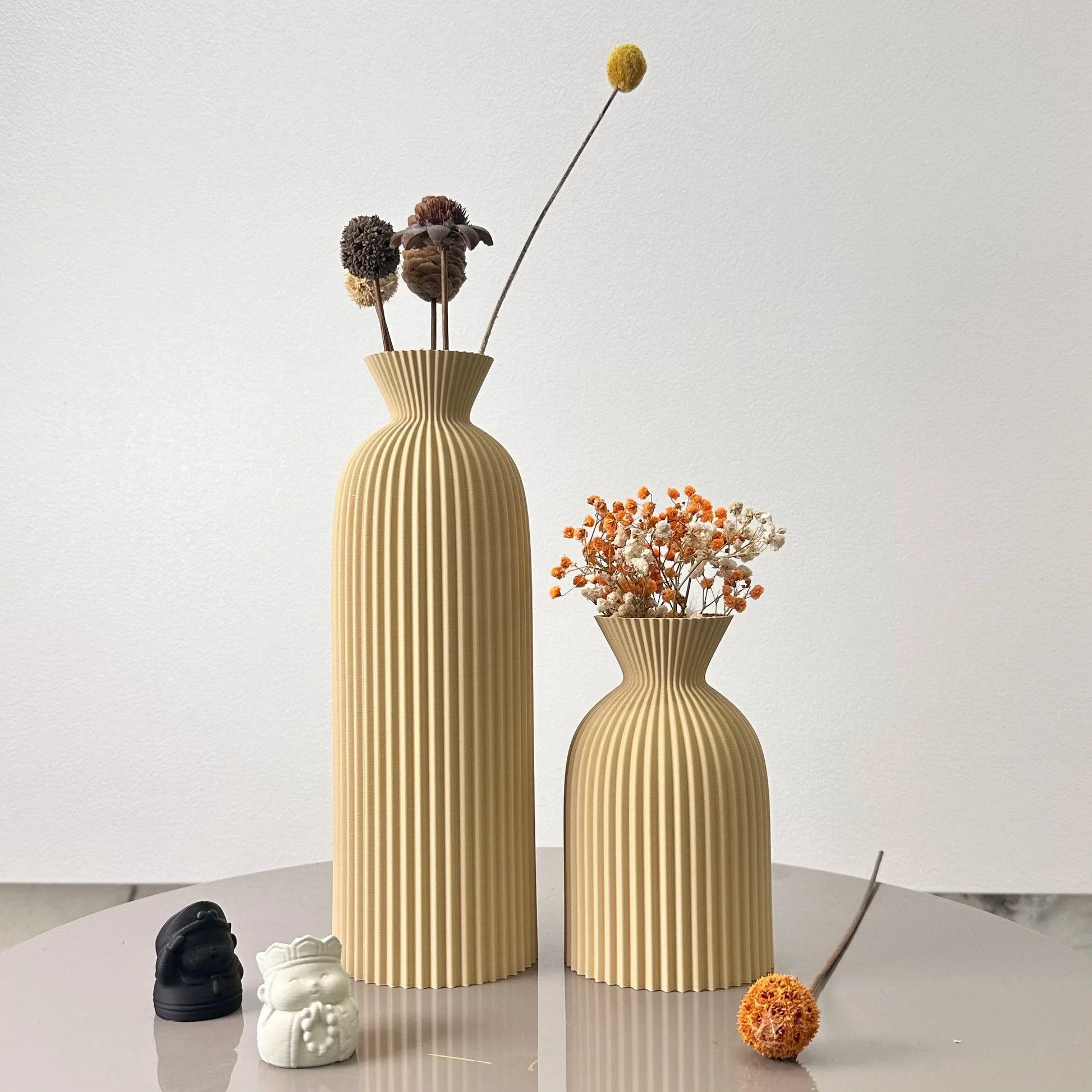 Minimalist striped ceramic vase set trio, varied sizes, subtle texture, modern home decor accent