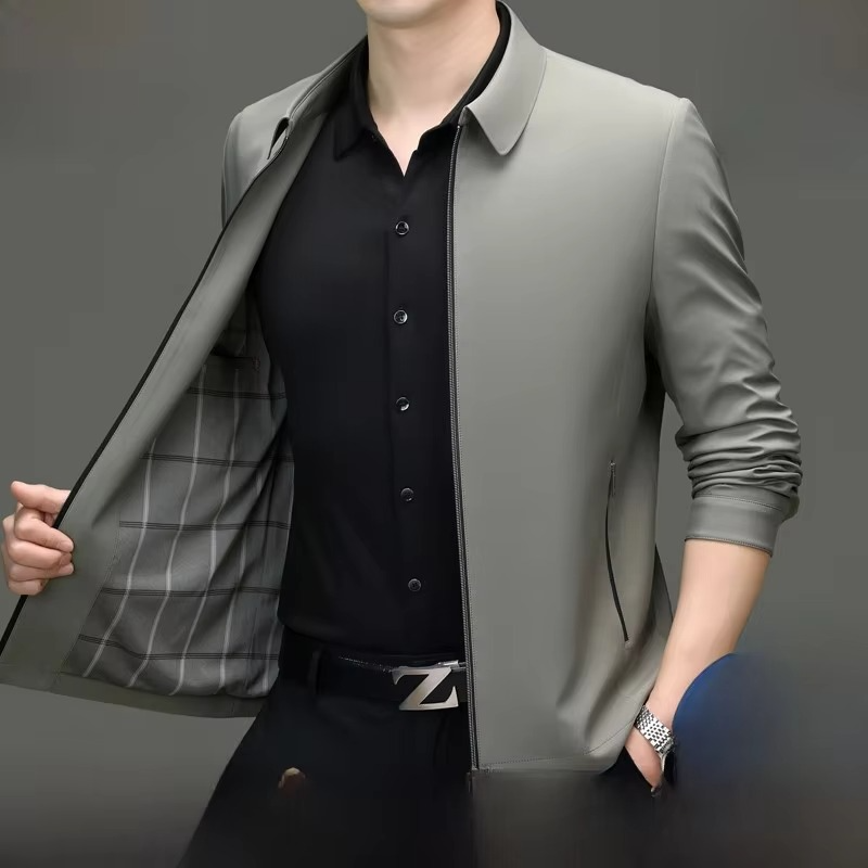 Men's silk blend loose fit jacket with straight hemline, lightweight breathable fabric for polished style