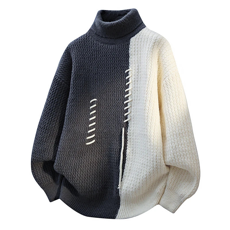 Women's black white patchwork turtleneck sweater chunky knit colorblock cozy modern style