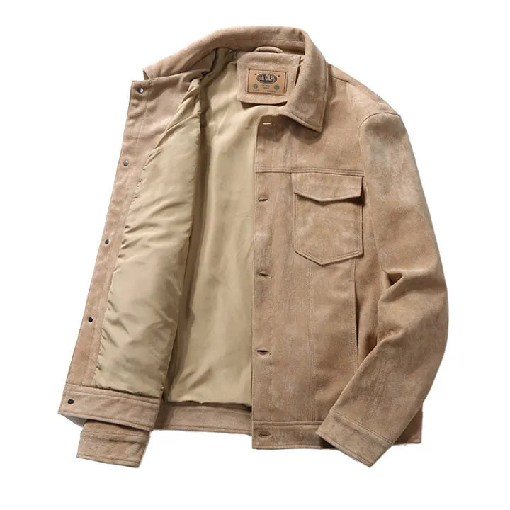 Men's brown premium suede tailored jacket with sophisticated finish and versatile layering design
