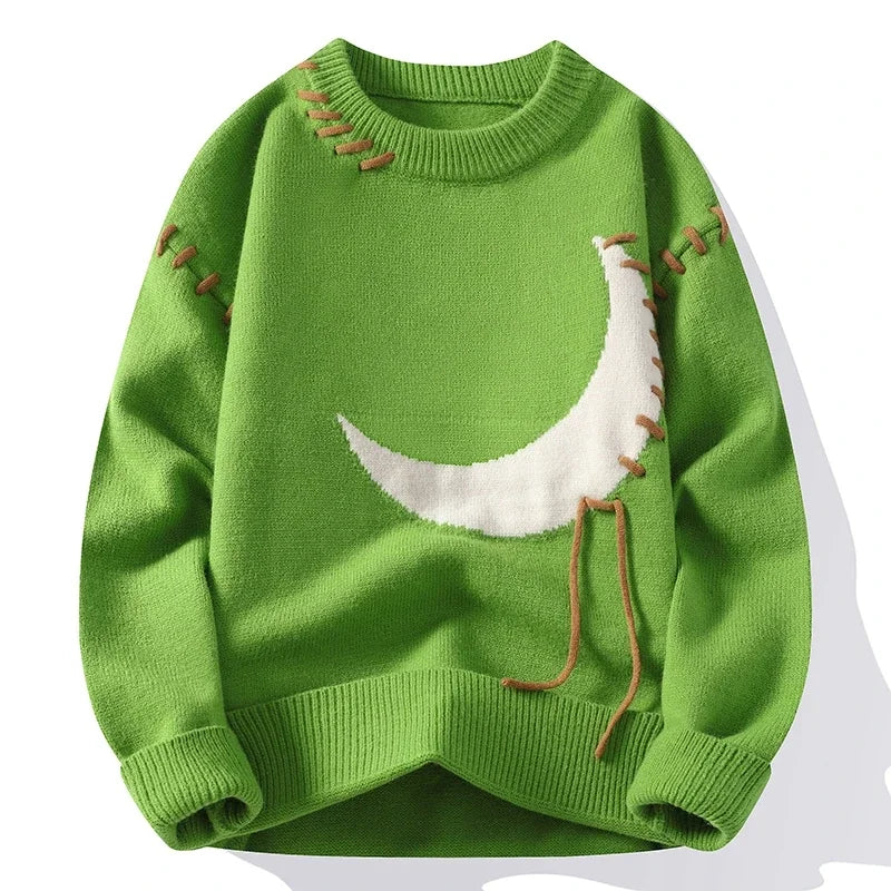 Women's cream knit crew neck sweater with crescent moon graphic and textured stitch detailing