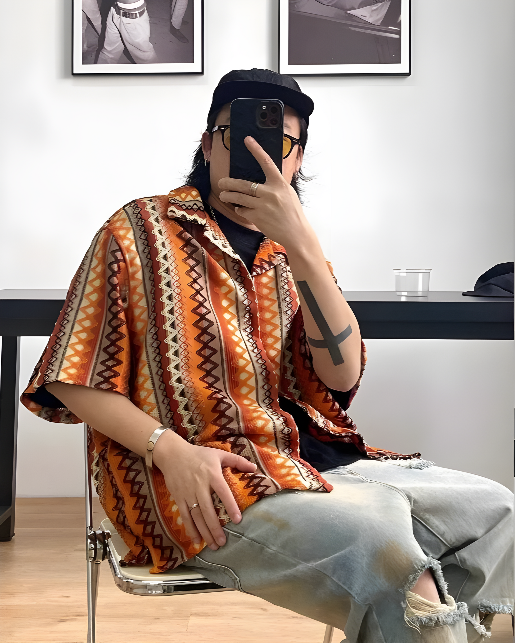 Oversized unisex knit overshirt with Cuban collar, zigzag diamond motif, ventilated open-knit weave