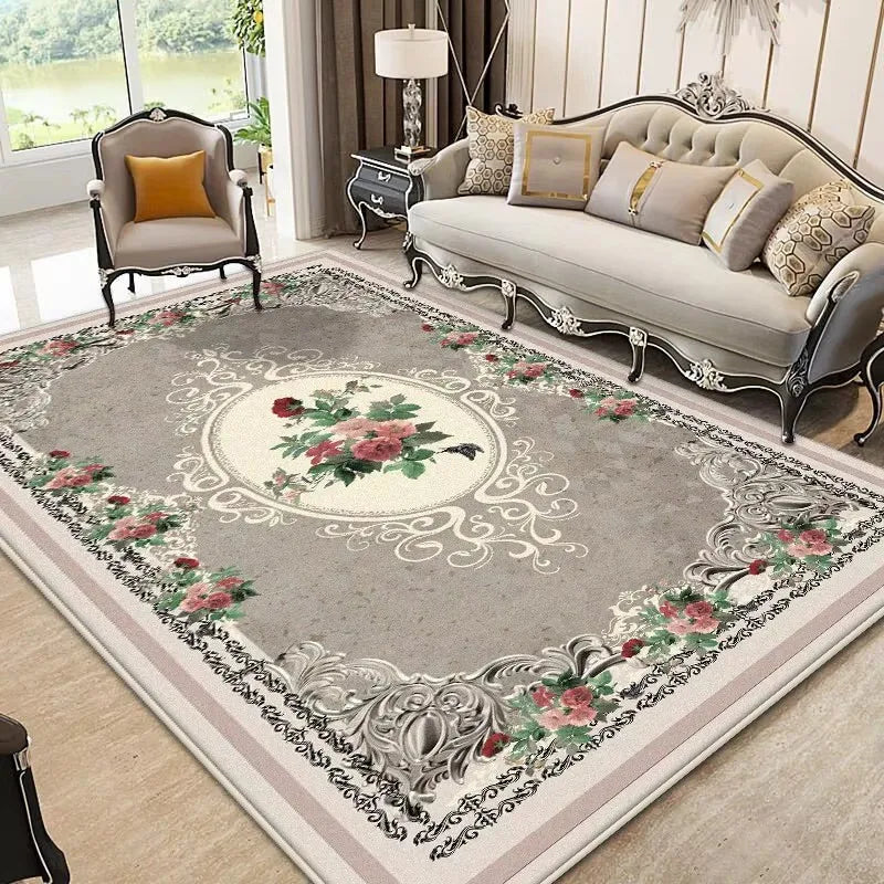 European style luxury floral area rug in soft flannel, non-slip large floor mat for living room