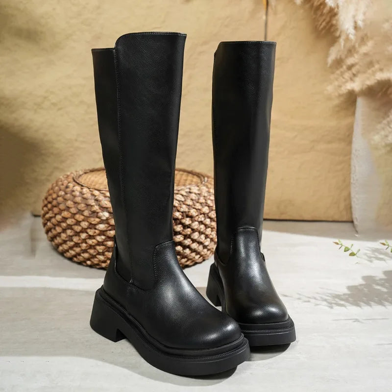 Julia women's black leather knee-high boots with comfortable block heel for everyday elegant style