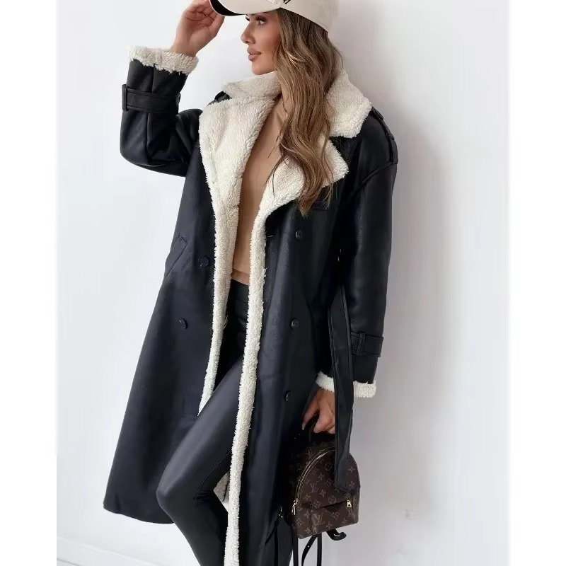 Women's plush faux fur winter coat with elegant lapel collar, long sleeves, cozy warm jacket