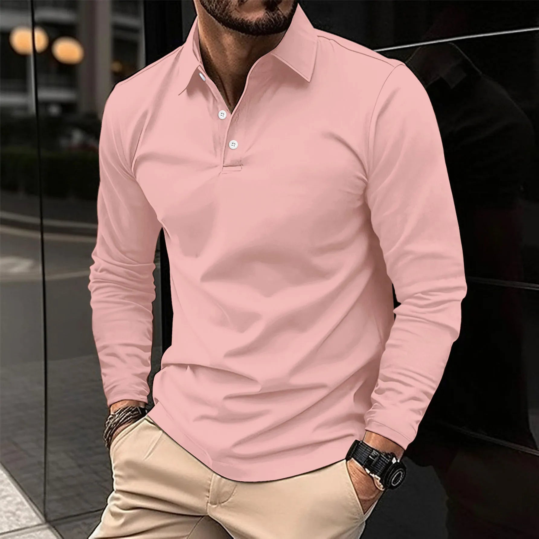 Navy blue tailored men's long sleeve polo shirt slim fit classic collar three-button placket