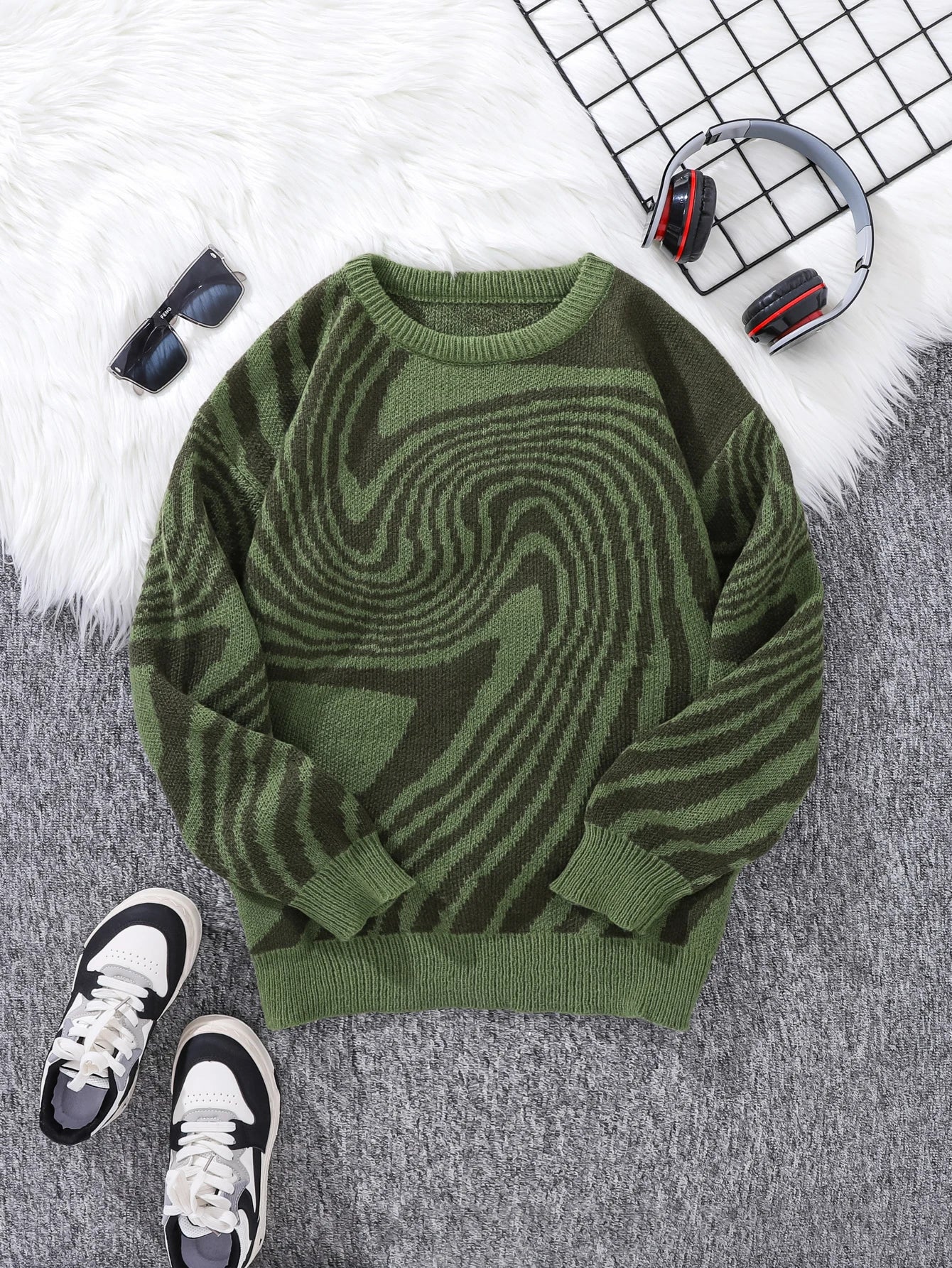 Unisex wool pullover sweater with bold maze jacquard knit pattern for all-day warmth and style