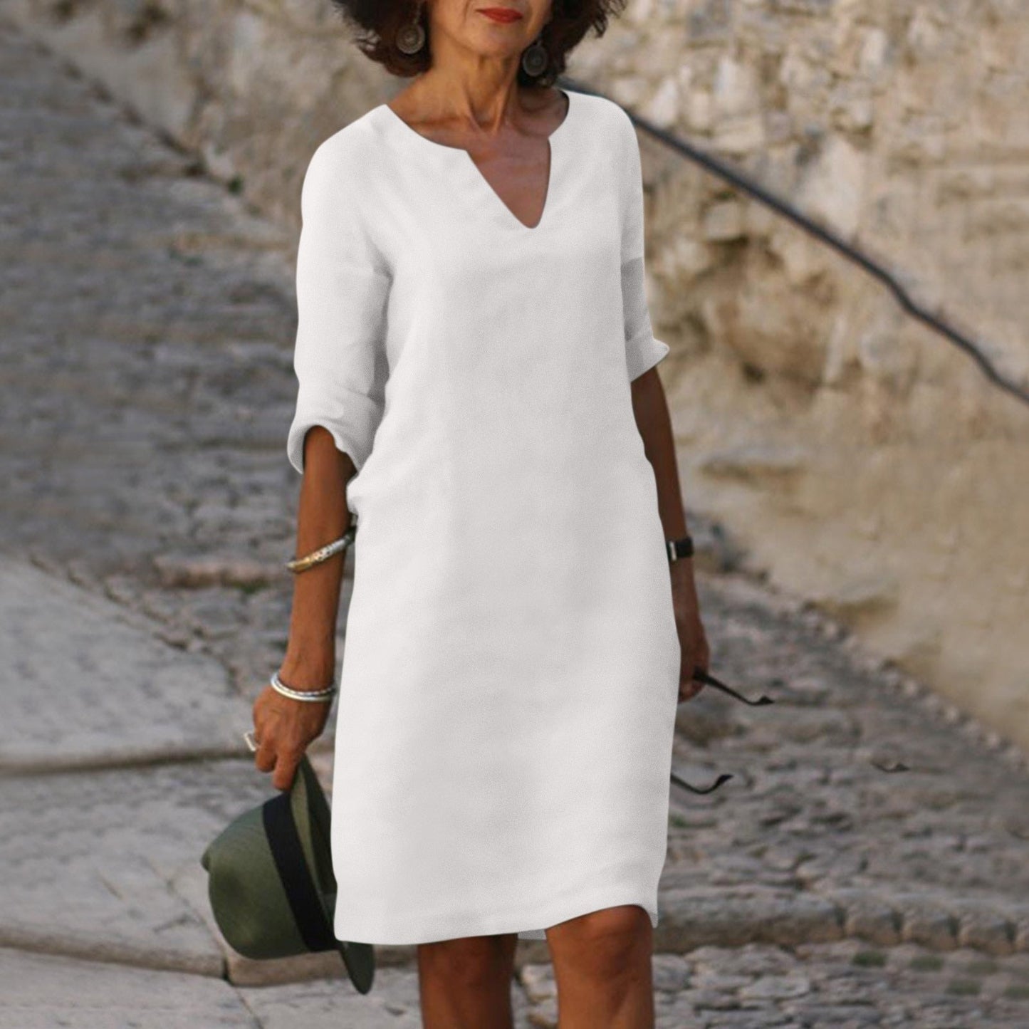 Women's loose fit V-neck cotton summer dress with half-sleeves, lightweight breathable everyday style
