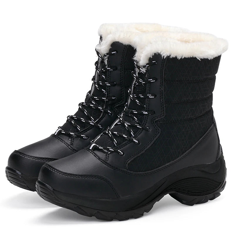 Women's mid-calf lace-up snow boots with faux fur lining, water-resistant platform, winter style
