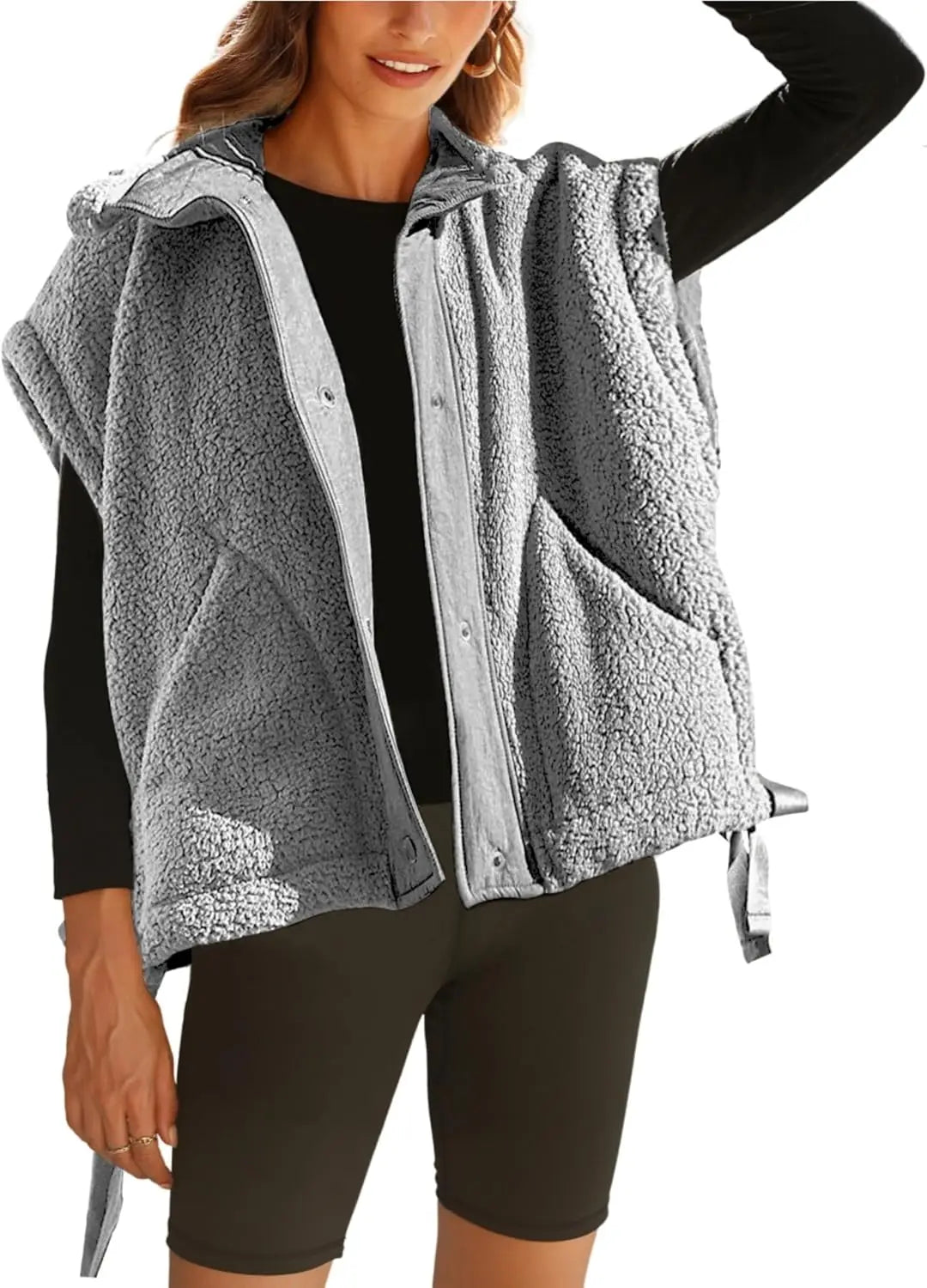 Women's sleeveless sherpa fleece jacket warm faux fleece cozy layer with snap closure roomy armholes