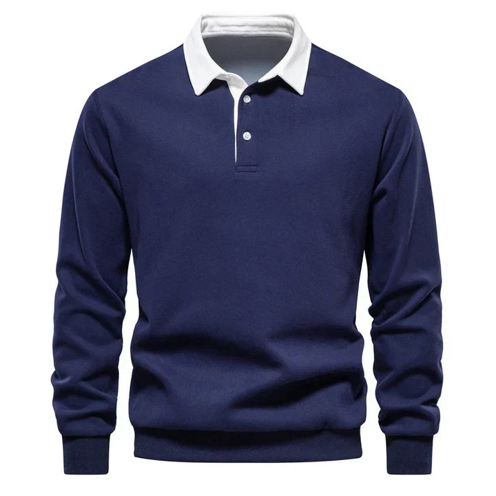 Men's navy long sleeve polo shirt classic fit sustainable comfortable everyday style