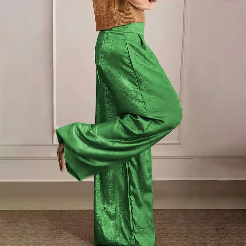 Women's metallic high waist wide leg pants relaxed silhouette with vintage glamour side pockets