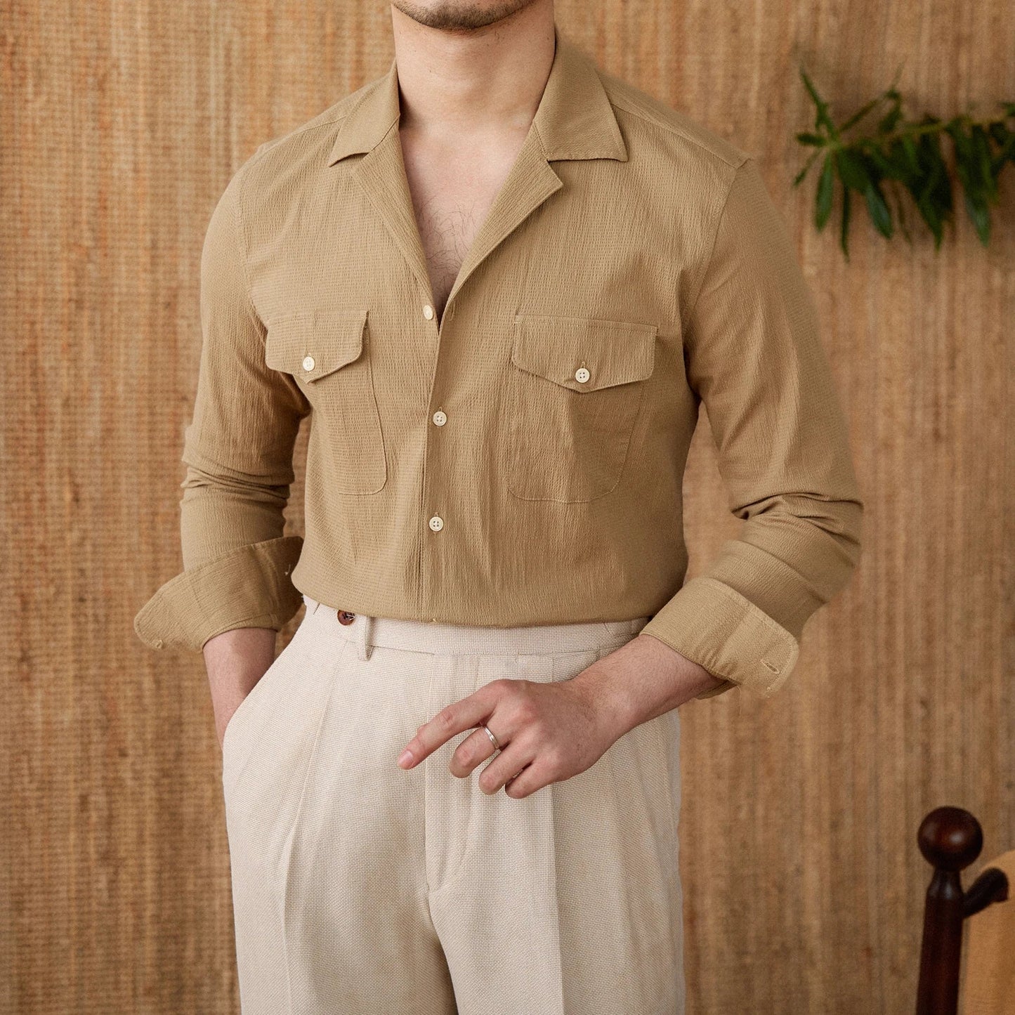 UrbannVibe men's classic fit cotton blend long sleeve shirt with dual chest pockets
