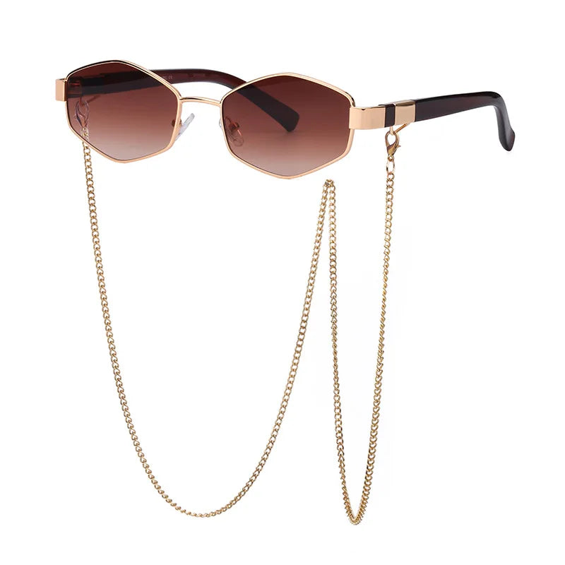 Hexagonal metal frame sunglasses with gold chain, bold geometric lenses, UV400 protection, sleek unisex style