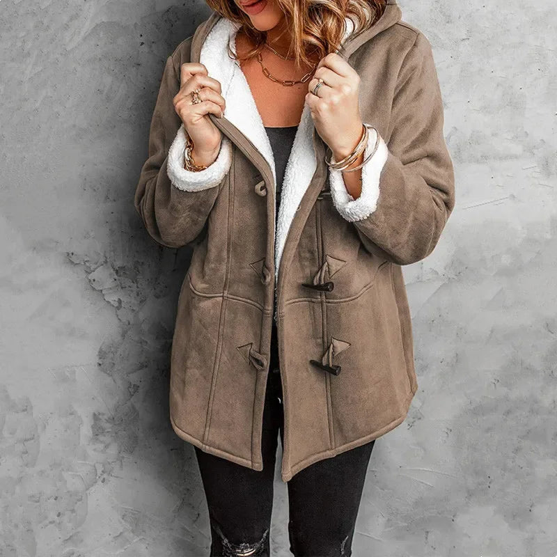 Hooded unisex winter coat with plush fleece lining, toggle closures, and outdoor-ready style