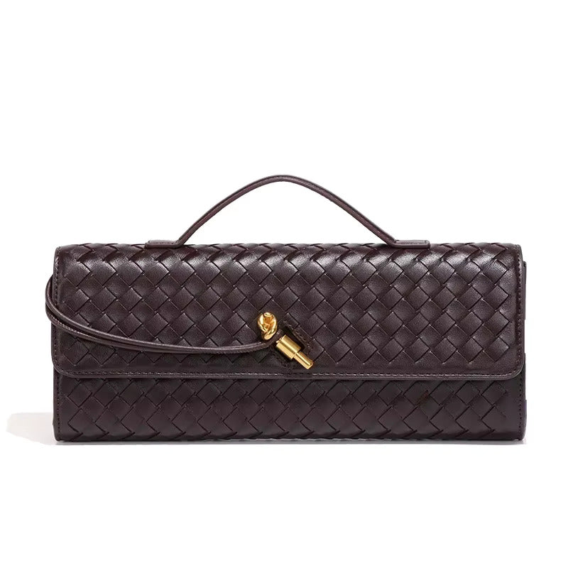 Women's woven clutch bag beige structured rectangular silhouette metallic twist lock top handle evening