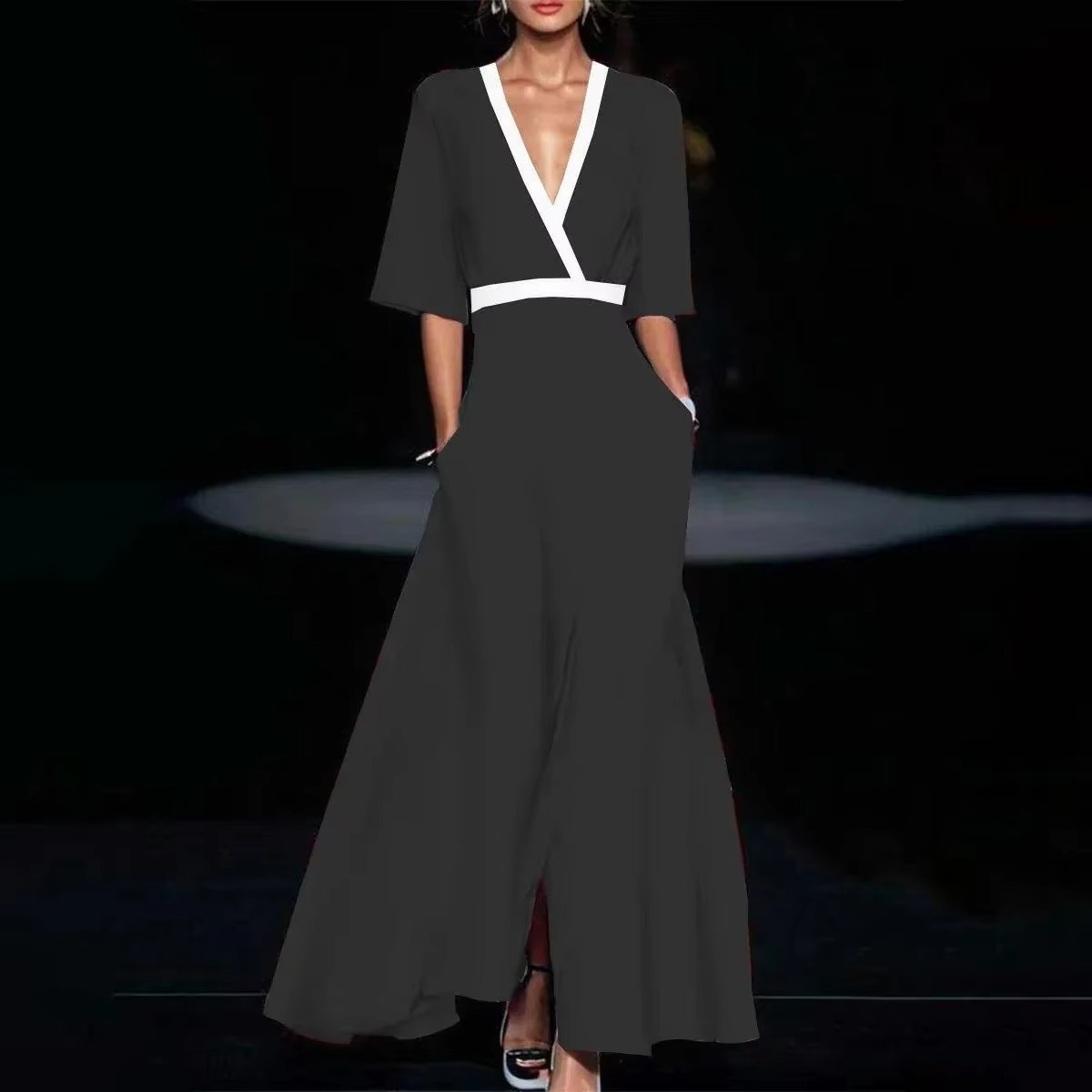 Women's ankle-length printed pleated dress with V-neck, flowing silhouette in elegant timeless style