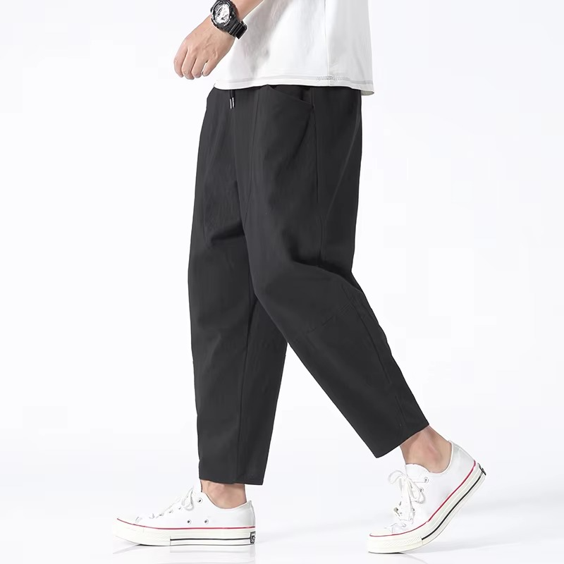 Men's lightweight cotton ankle-length relaxed fit pants breathable casual summer style