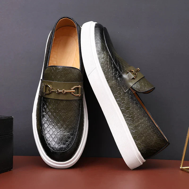Men's vegan leather embossed loafers with gold horsebit buckle, slip-on dress shoe white sole