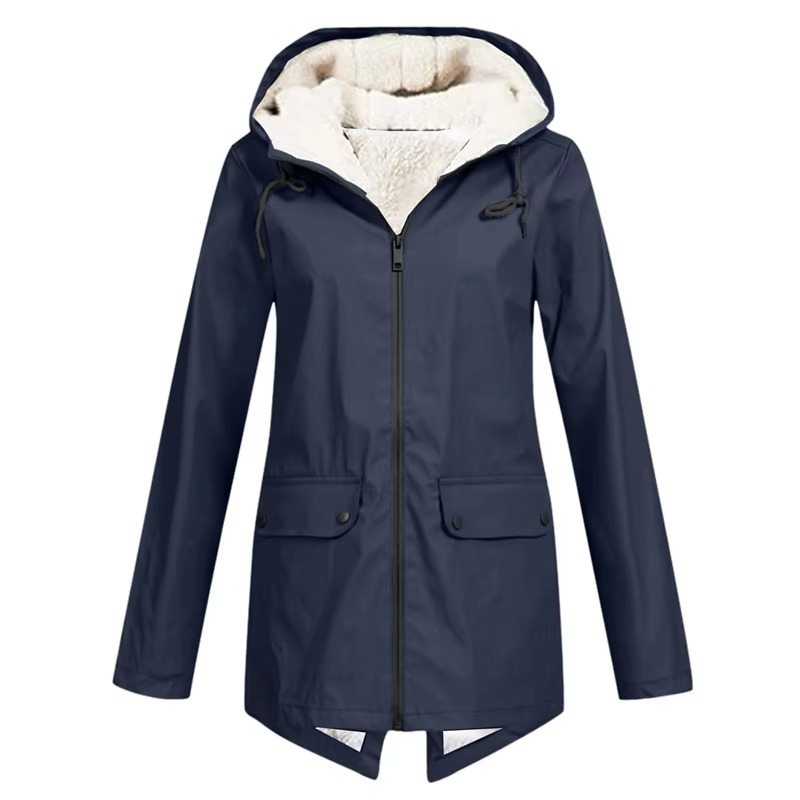 Women's waterproof hooded trench coat windbreaker with velvet lining, sleek all-weather style