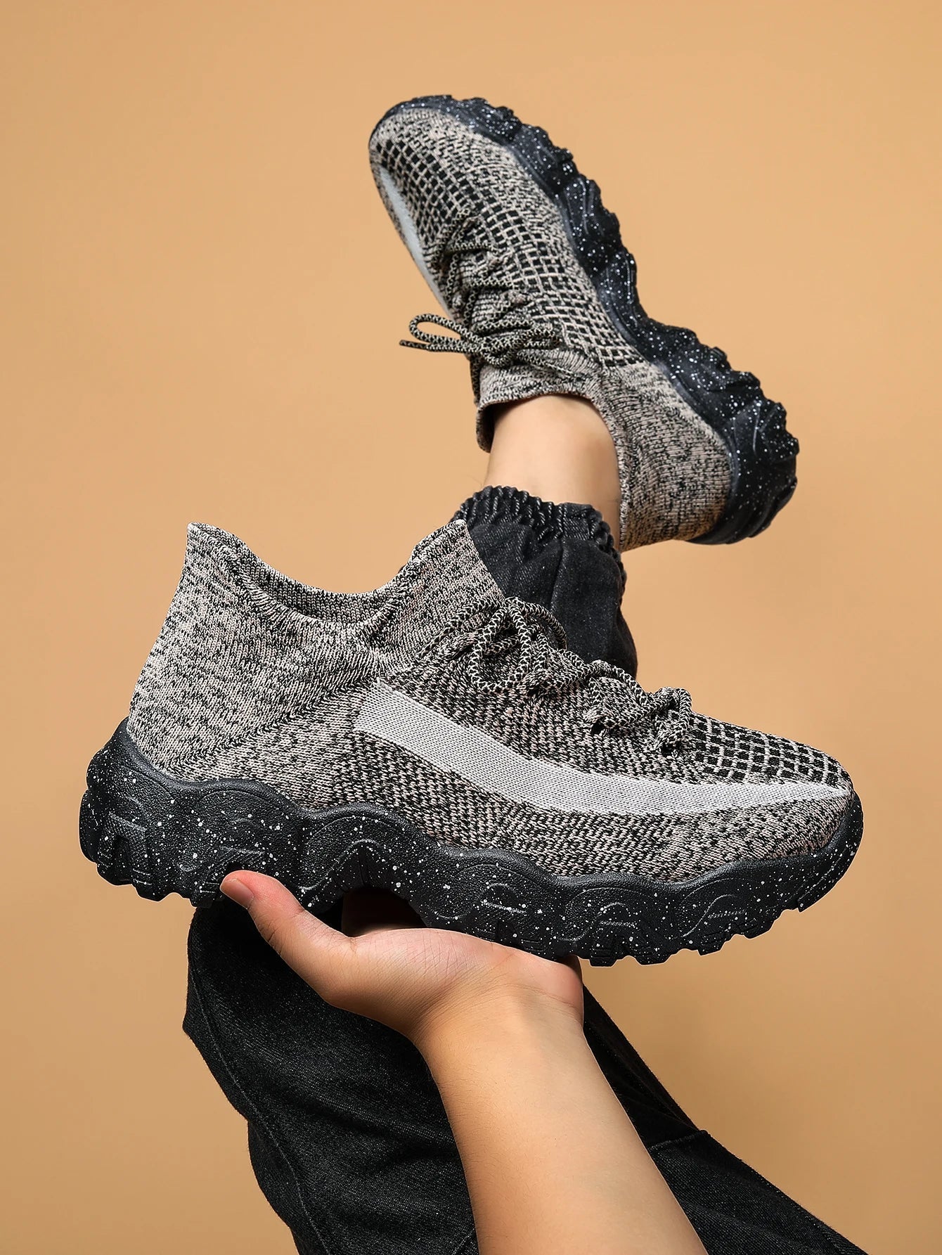 Unisex knit sneaker in neutral tones, lightweight athletic style with cushioned EVA foam sole