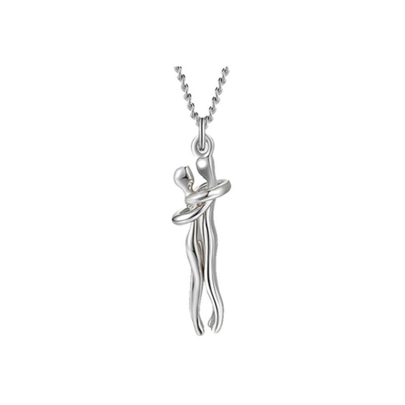 Stainless steel love hug necklace with two embracing figures, high-polish finish romantic pendant
