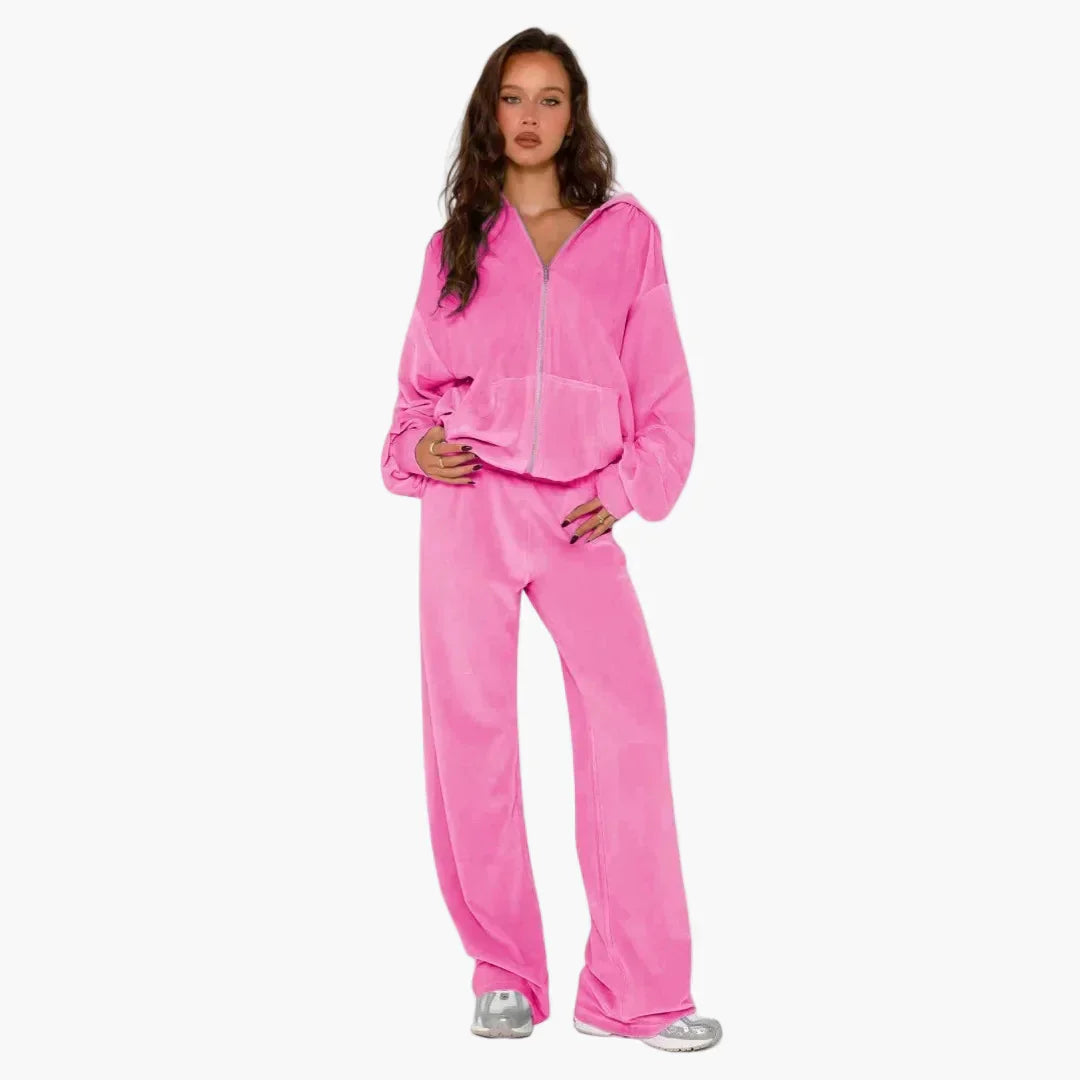 Women's oversized two-piece hoodie lounge set with zip-up top and loose-fit pants for casual style