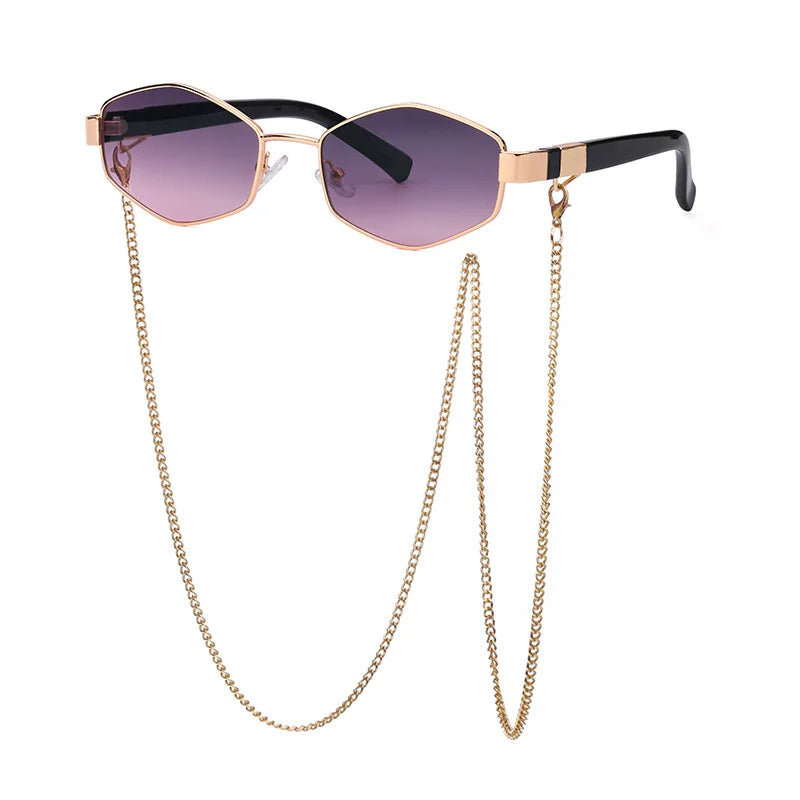 Hexagonal metal frame sunglasses with gold chain, bold UV400 lenses, sleek refined style