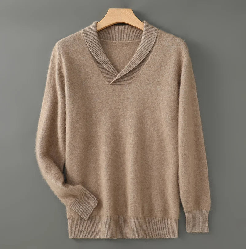 Soft knit shawl collar unisex sweater, lightweight breathable fabric for modern smart-casual layering