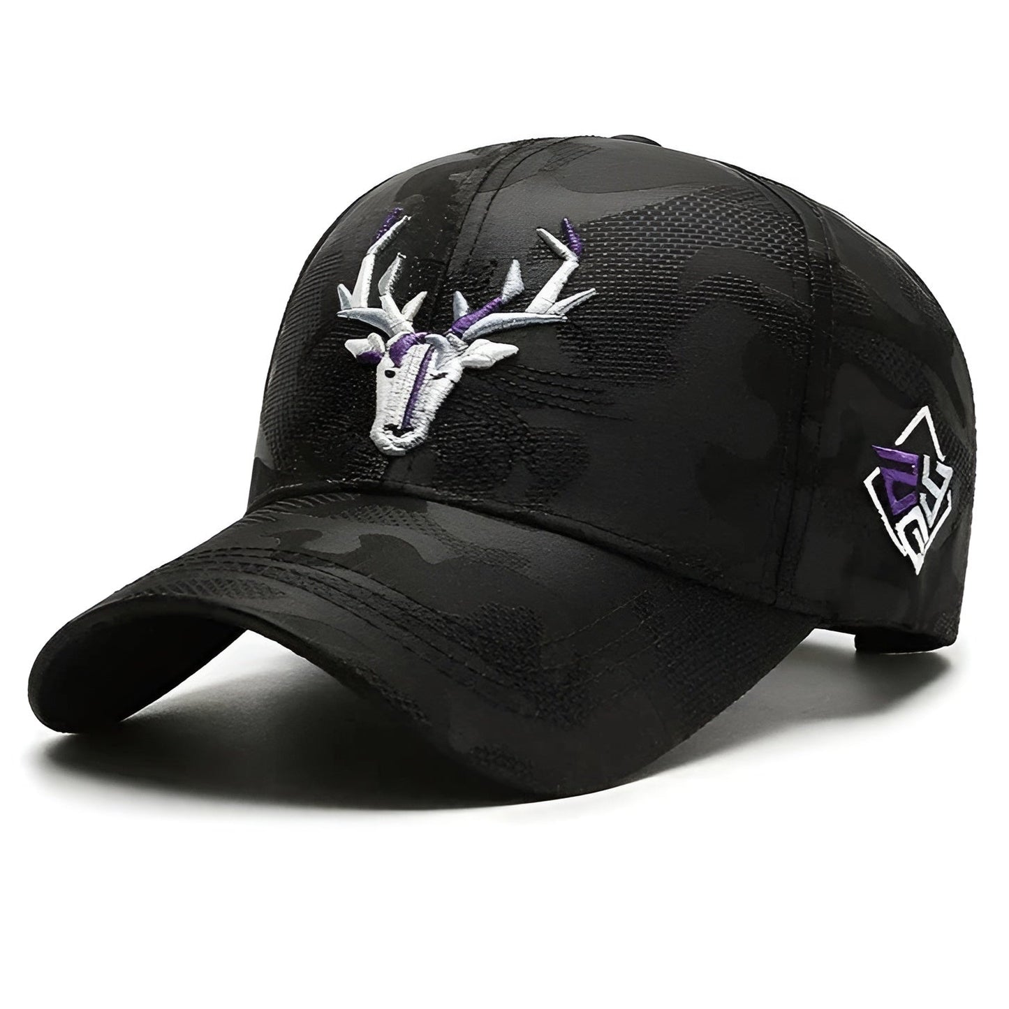 Silver stag embroidered baseball cap invisible camo pattern soft cotton brass adjustable closure