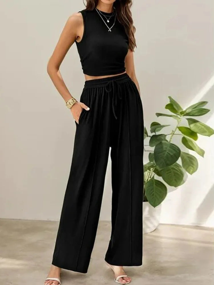 Women's lightweight two-piece pants set sleeveless top relaxed trousers breathable polyester summer travel