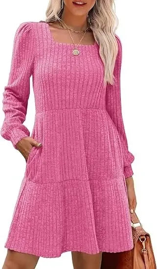 Elegant women's mini dress empire waist square neckline doll pockets timeless sophisticated style
