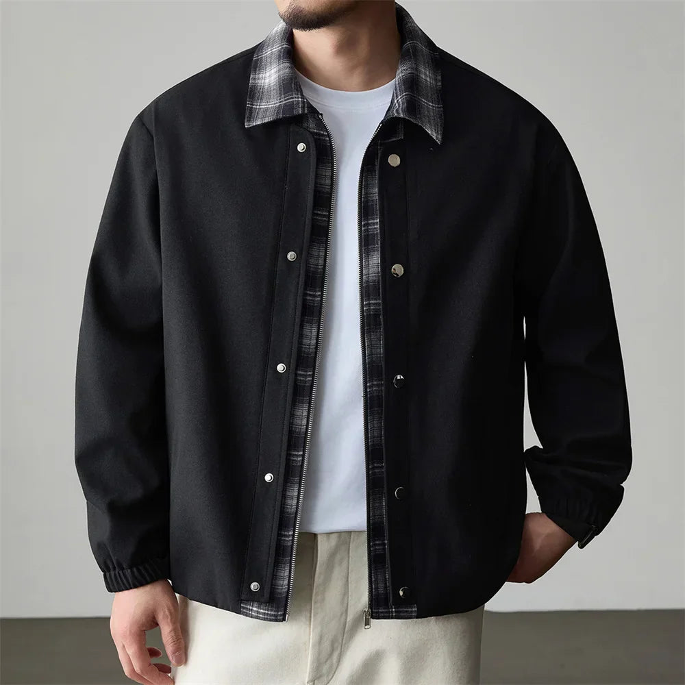 Cropped boxy workwear jacket with flannel contrast collar in minimalist design for everyday layering