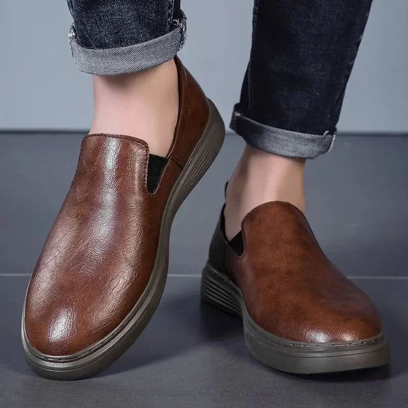Brown leather slip-on dress shoes with breathable comfort insole, Italian-crafted for modern professionals
